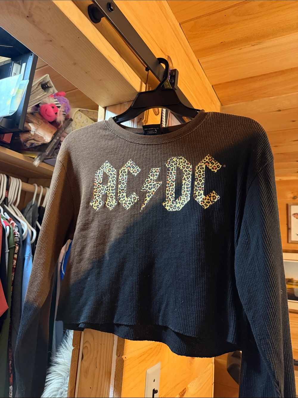 AC/DC Black Waffle-Knit Top with Leopard Logo